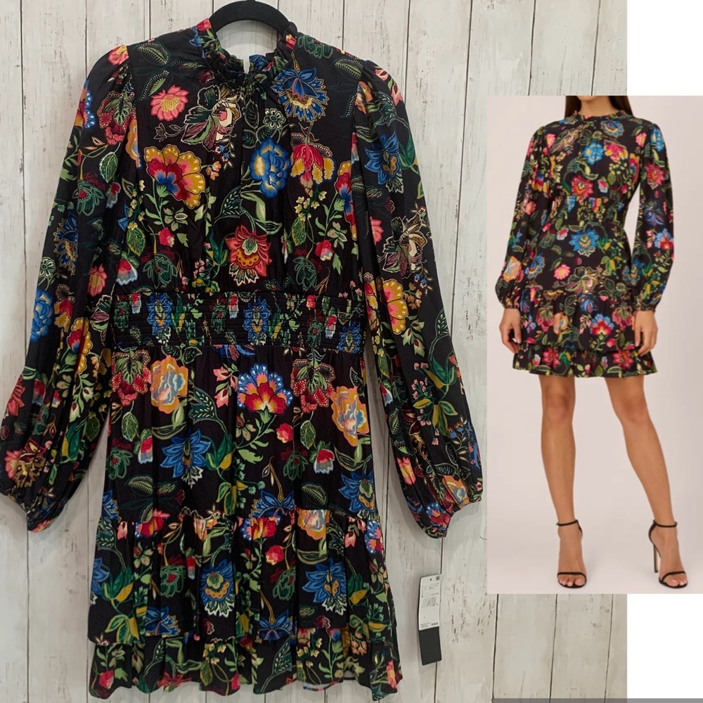 New Adrianna Papell Smocked Black Print Floral Size 8 Mini Dress Women’s